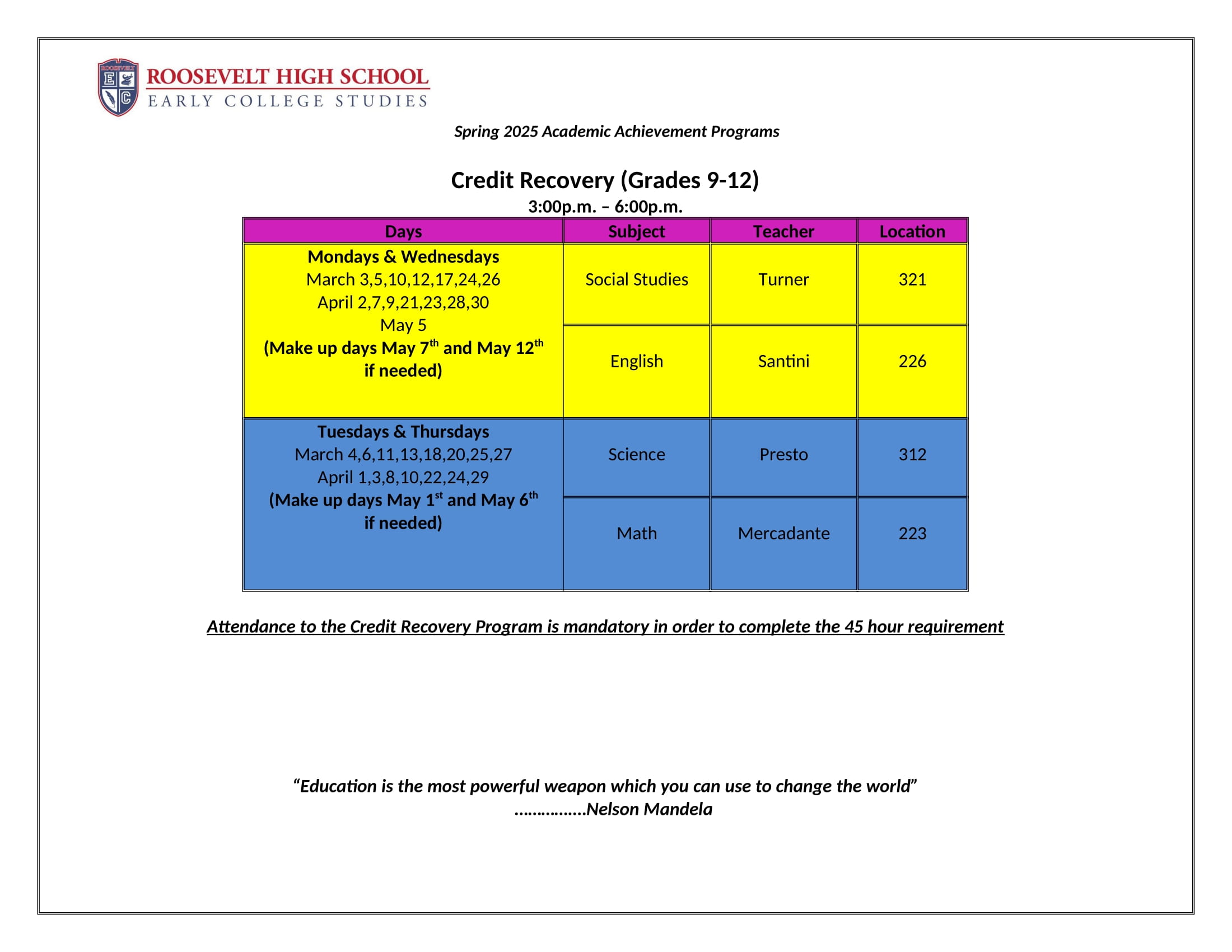  Credit Recovery Calendar - Spring 2025